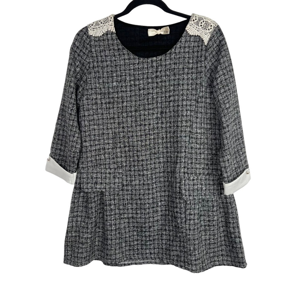Cream Bear Black White Gray Tweed Tunic Blouse Approx Small